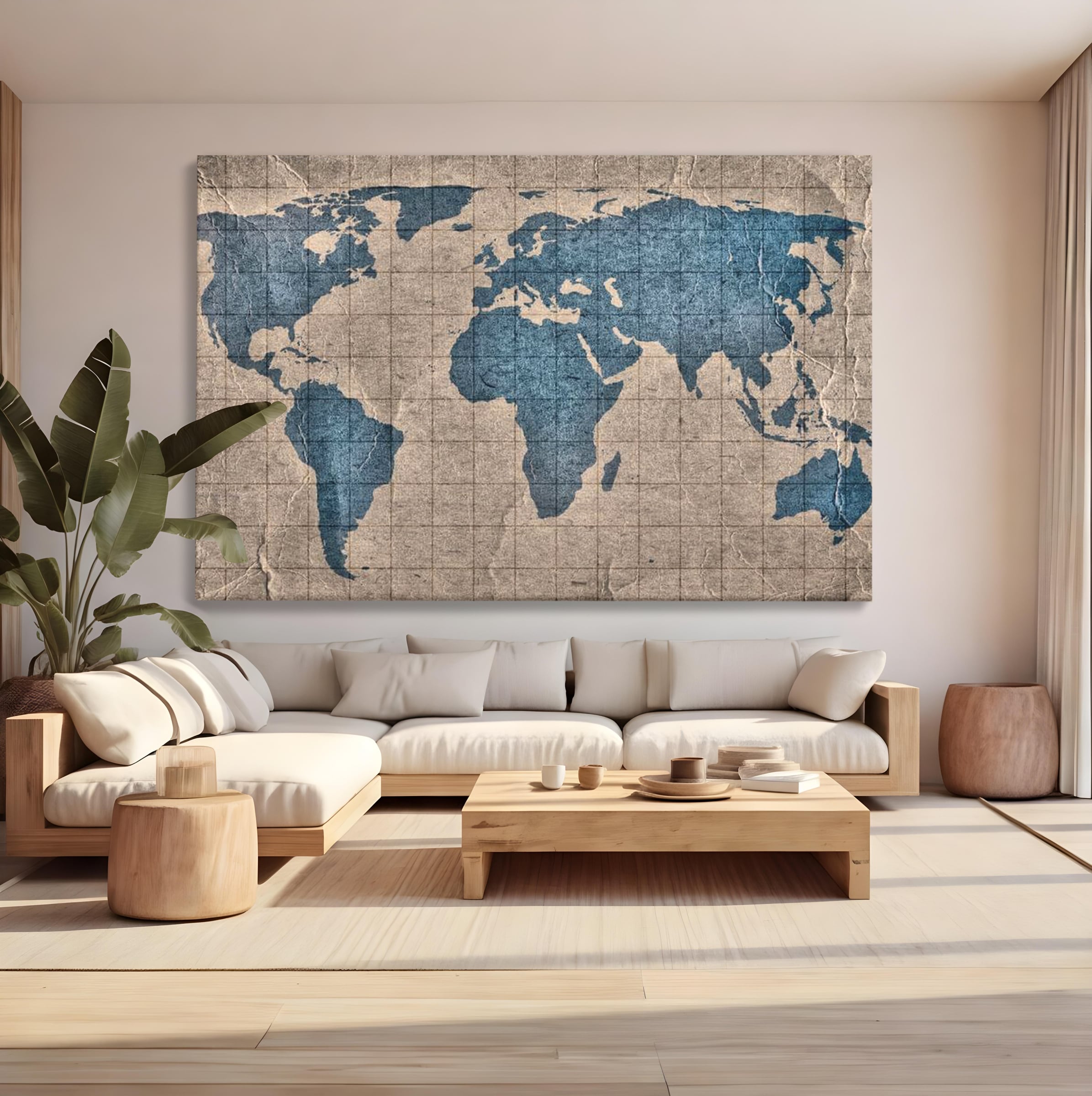 Tablou canvas cu tablou canvas cu harta lumii pe pergament, fara rama, pe sasiu de lemn, pe perete intr-un living